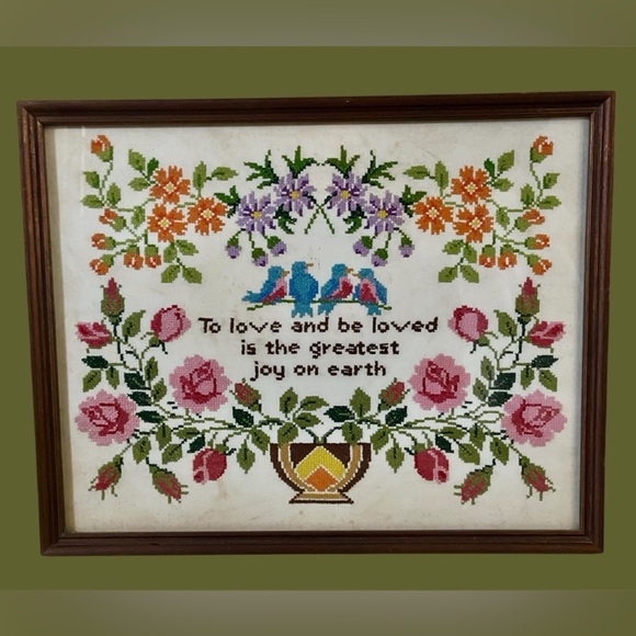 Vintage Other - Floral Cross-Stitch Wall Art with Birds
